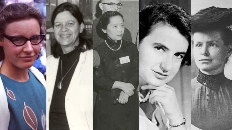 Montagem/ Wikimedia Commons - Da esquerda para direita: Jocelyn Bell Burnell, Esther Lederberg, Chien-Shiung Wu, Rosalind Franklin e Nettie Stevens