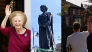 Margaret Thatcher, sua estátua e homem que atirou ovos, em colagem - Getty Images/Divulgação/YouTube/The Telegraph