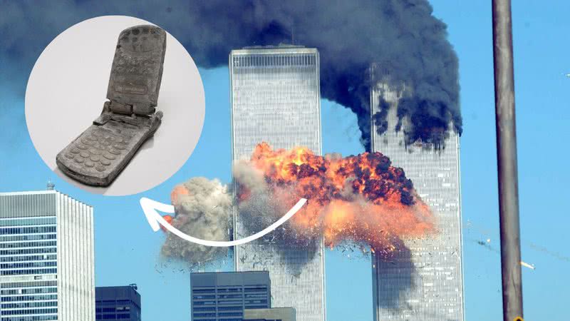 WTC em chamas em montagem com celular de Andrea - Getty Images e 9/11 Memorial