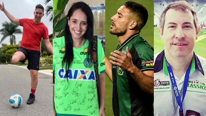 Jakson Follmann, Ximena Suárez, Alan Ruschel e Rafael Henzel, sobreviventes do voo da Chape - Montagem c/ Arquivo Pessoal