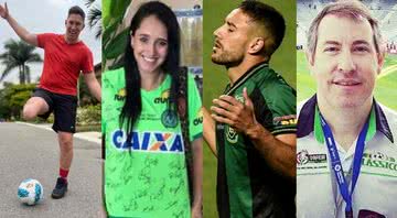 Jakson Follmann, Ximena Suárez, Alan Ruschel e Rafael Henzel, sobreviventes do voo da Chape - Montagem c/ Arquivo Pessoal