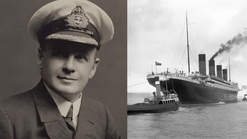 Charles Lightoller (à esq.) em montagem junto ao Titanic (à dir.) - Wikimedia Commons