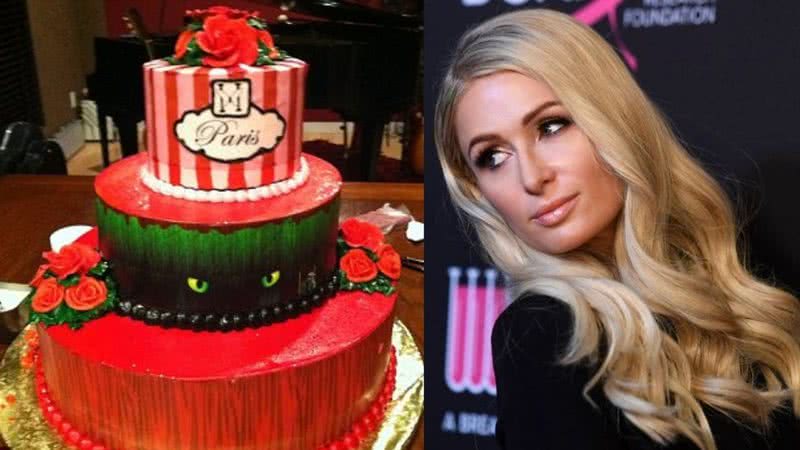 Montagem mostrando foto de bolo de Paris Hilton postada por penetra à esquerda, e a socialite à direita - Divulgação / Facebook / Arquivo pessoal / Getty Images