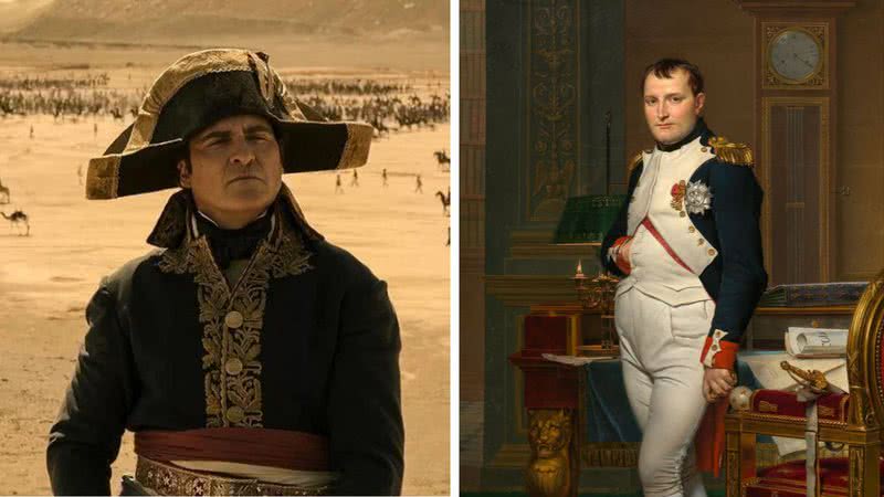 O ator Joaquin Phoenix como Napoleão; à direita, o próprio Bonaparte em pintura - Divulgação/Sony e Wikimedia Commons/Jacques-Louis Davis