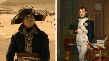 O ator Joaquin Phoenix como Napoleão; à direita, o próprio Bonaparte em pintura - Divulgação/Sony e Wikimedia Commons/Jacques-Louis Davis