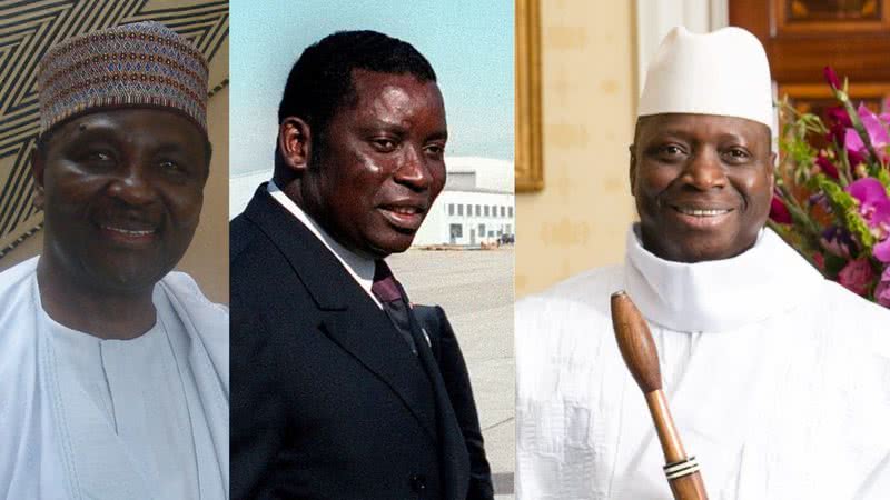 Yakubu Gowon (esq.), Gnassingbé Eyadéma (cen.) e Yahya Jammeh (dir.) - Montagem com imagens Wikimedia Commons