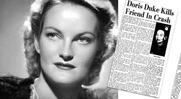 Doris Duke ao lado de edição antiga do jornal Notícias Diárias de NewPort - Divulgação/Sunsigns.org/Domínio Público