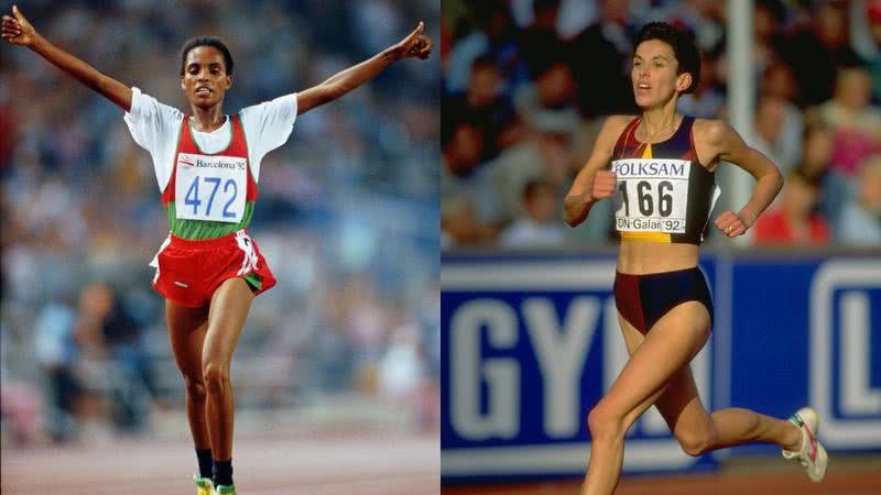 Derartu Tulu e Elana Meyer durante corridas nas Olimpíadas de 1992 - Getty Images