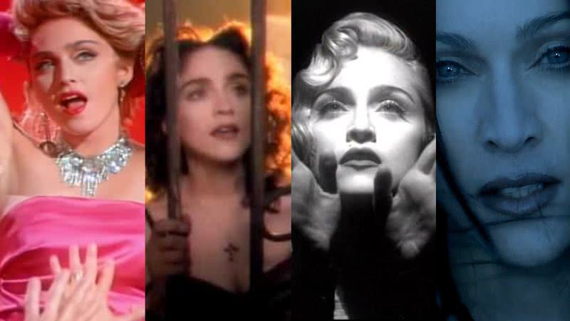 Madonna nos clipes de "Material Girl", "Like a Prayer", "Vogue" e "Frozen" - Divulgação/Youtube/Madonna