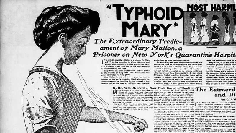 Manchete de jornal relata Mary Mallon como "Typhoid Mary" - Domínio Público