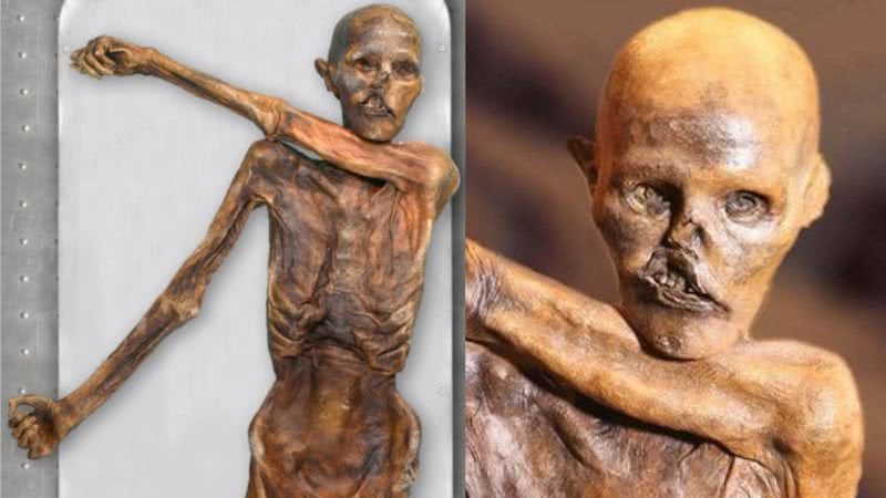 Fotografias mostrando Ötzi, o Homem de Gelo, encontrado nos Alpes de Ötztal - Divulgação/ Discover Magazine