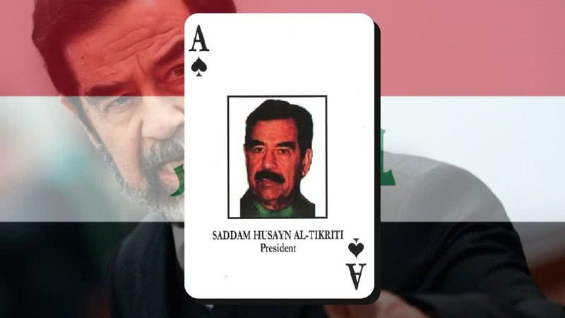 Saddam Hussein, foi considerado o homem mais procurado (ás de espadas) do Iraque - Getty Images e Domínio Público