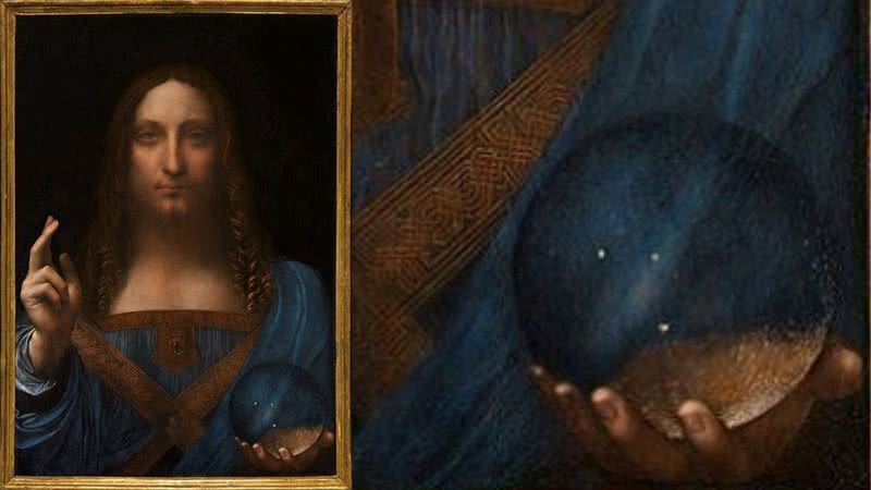 Montagem mostrando pintura Salvator Mundi à esquerda, e zoom em detalhe à direita - Divulgação/ Domínio Público