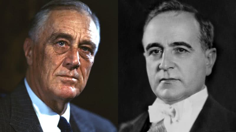 Franklin Roosevelt (à esqu.) e Getúlio Vargas (à dir.) - Leon A. Perskiedigitization, Presidential Library Museum / Governo do Brasil, Galeria de Presidentes via Wikimedia Commons