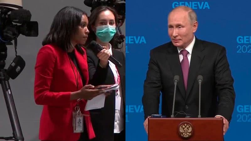 Montagem contendo a repórter Rachel Scott (esq.) e Vladmir Putin (dir.) durante coletiva - Divulgação / Vídeo / ABC7 News