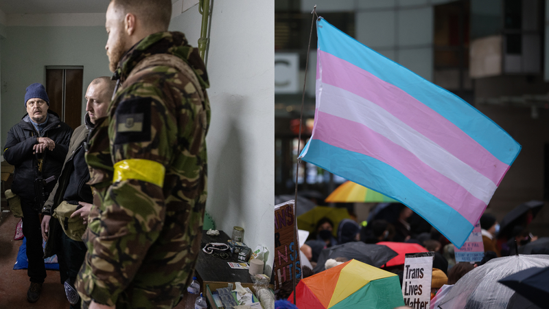 Soldados ucranianos (2022) e foto ilustrativa de uma bandeira trans - Getty Images