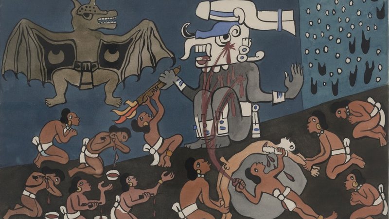 Mural representando sacrifício maia - Domínio Público