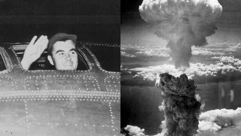 Wikimedia Commons/Montagem - Paul Tibbets dentro da aeronave B-29 Enola Gay/ Explosão da bomba atômica de Hiroshima