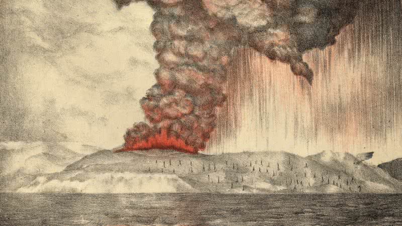 Litografia da erupção do vulcão Krakatoa em 1883 - Wikimedia Commons