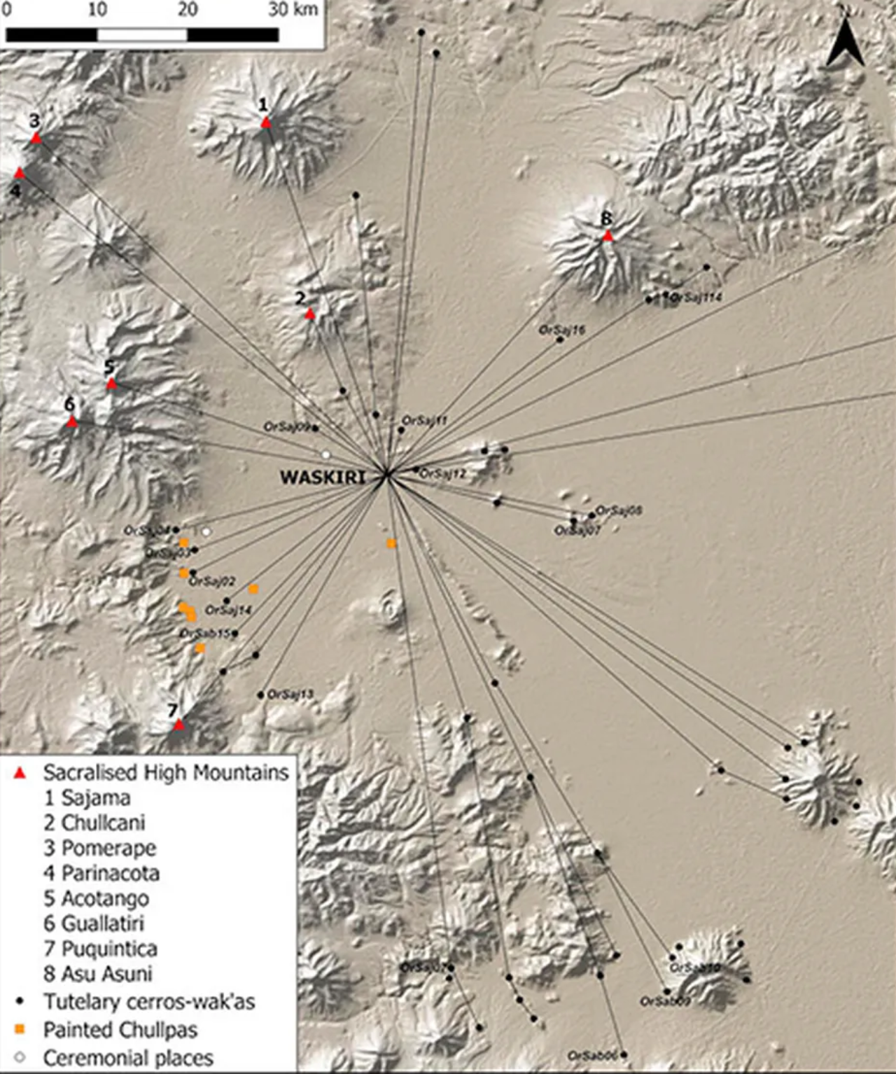 Mapa com a distribuição dos locais sagrados em torno do Waskiri