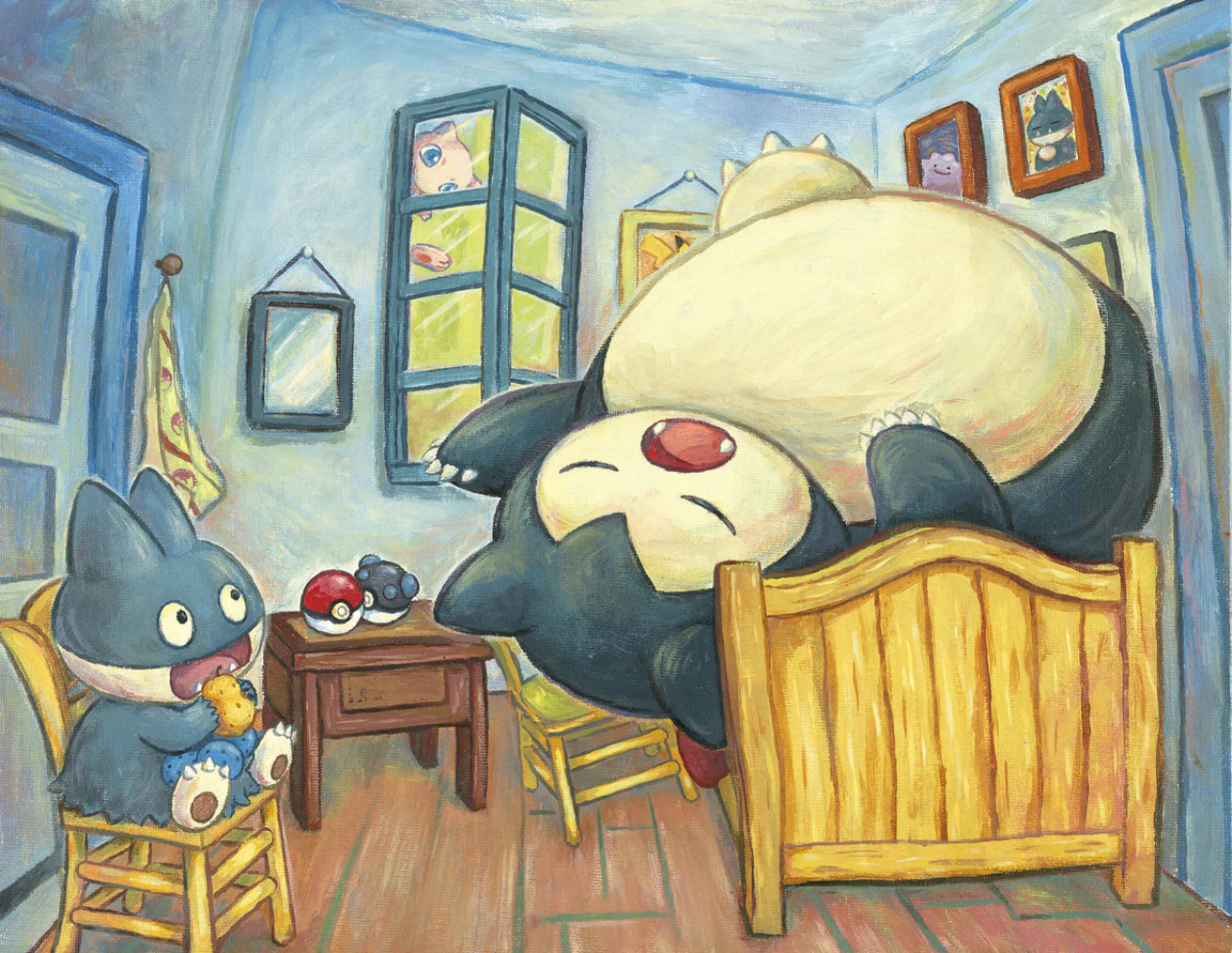 Os pokémons Munchlax e Snorlax em releitura de 'O Quarto de Van Gogh em Arles'