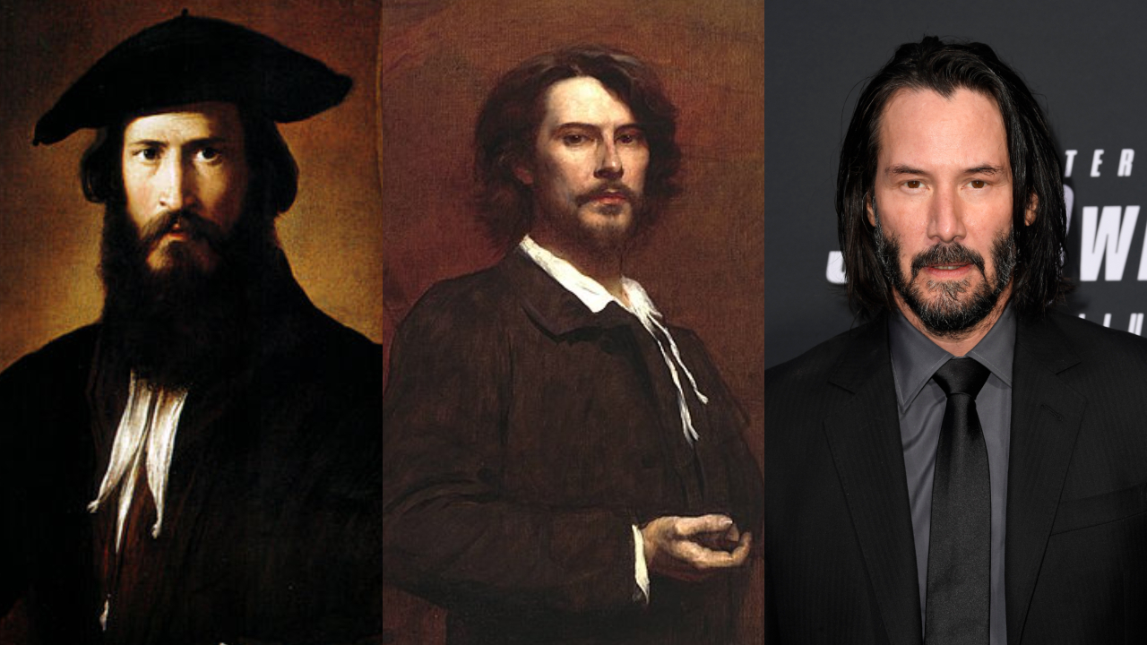 Montagem com fotografia de Keanu Reeves, autorretrato de Parmigianino e pintura de Paul Mounet