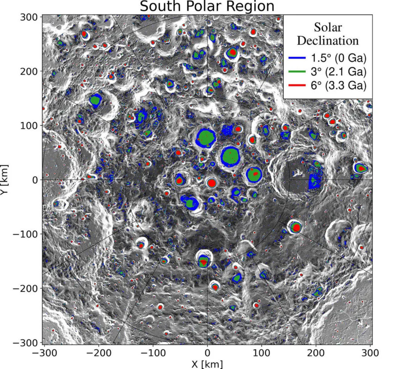 Imagem retratando superfície lunar e suas PSRs ao longo do tempo. Zonas em vermelho são de 3,3 bilhões de anos; em verde, de 2,1 bilhões; em azul, próximas à atualidade