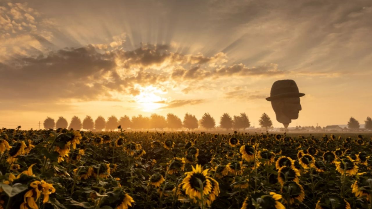 Balão com rosto de Van Gogh em campo de girassóis