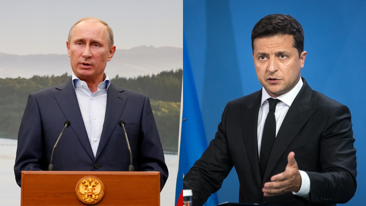 Vladimir Putin e Volodymyr Zelensky, presidentes da Rússia e da Ucrânia, respectivamente