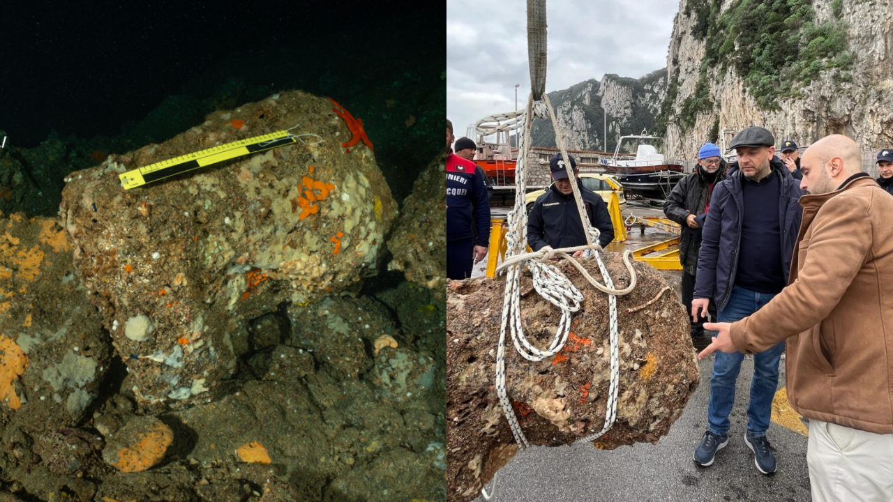 Bloco de pedra é encontrado no fundo da Gruta Azul, na Itália