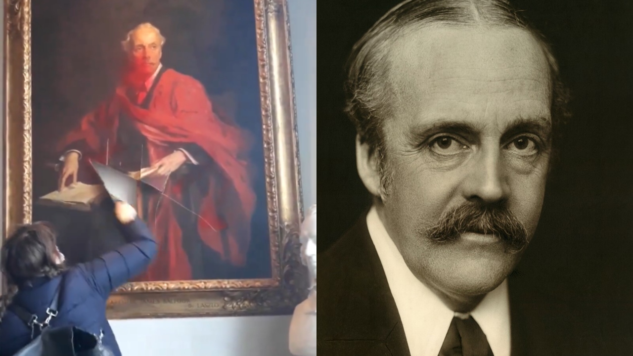 Retrato de Arthur James Balfour é pichado e rasgado na Inglaterra