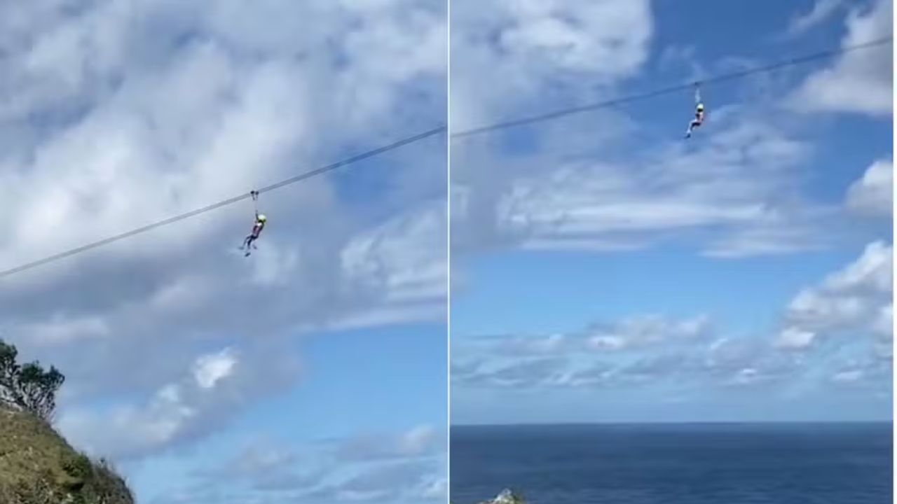 Menina fica suspensa em tirolesa a 100 metros de altura na Indonésia