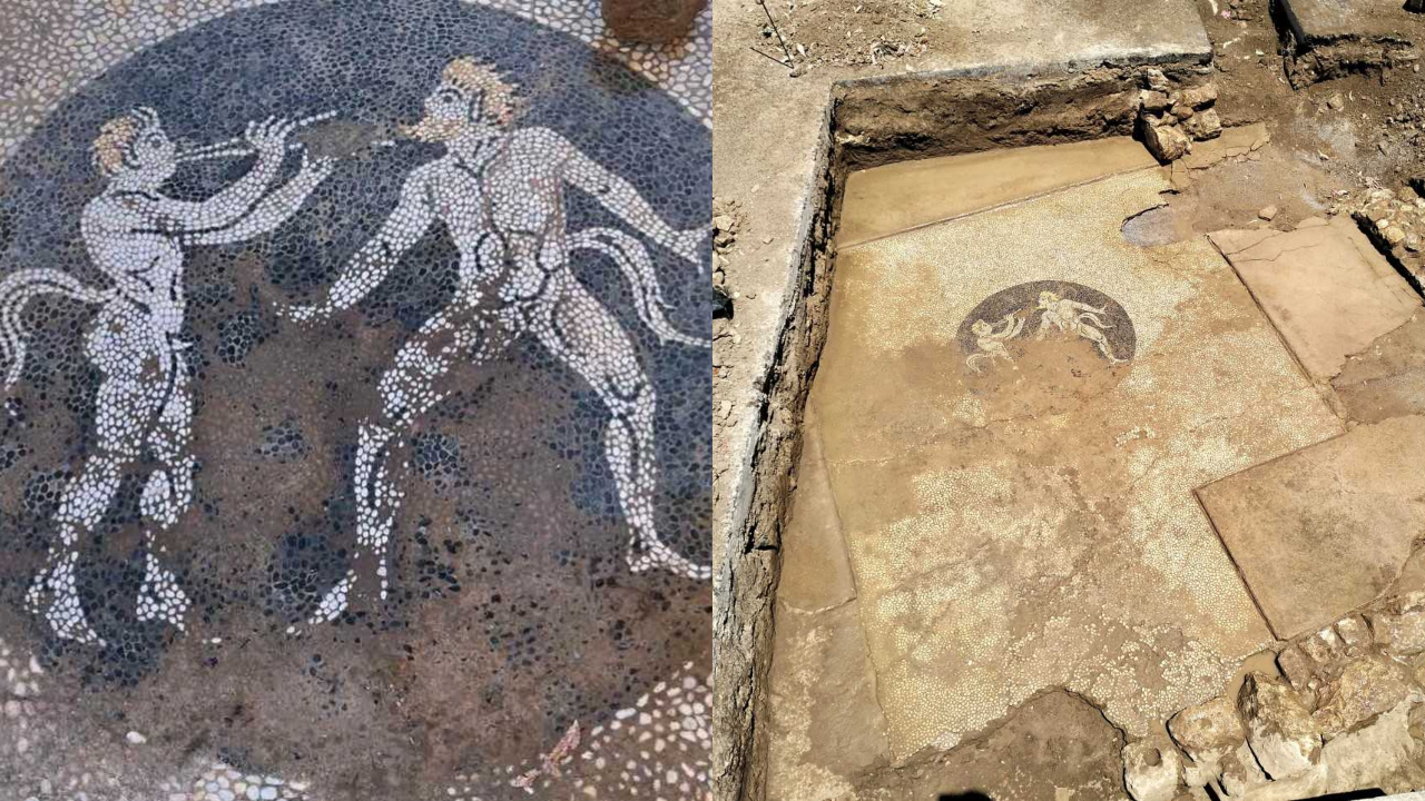 Mosaico de seixo com sátiros nus é descoberto na Grécia