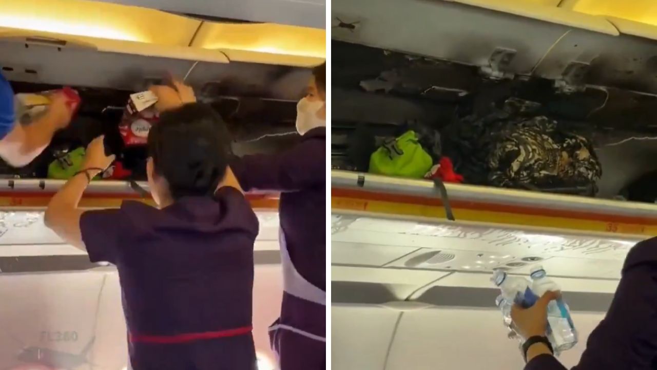 Bagageiro de avião pega fogo e passageiros jogam água para conter incêndio