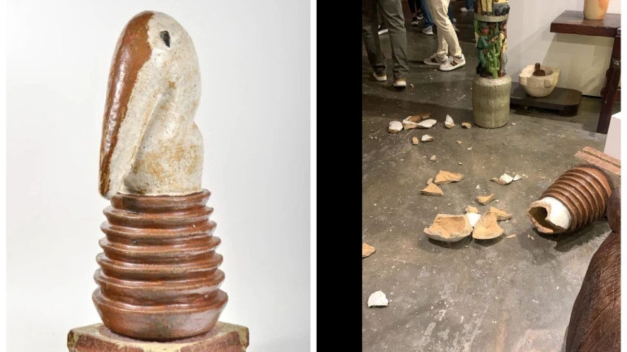 Mulher esbarra em escultura, que cai e quebra em mostra de arte