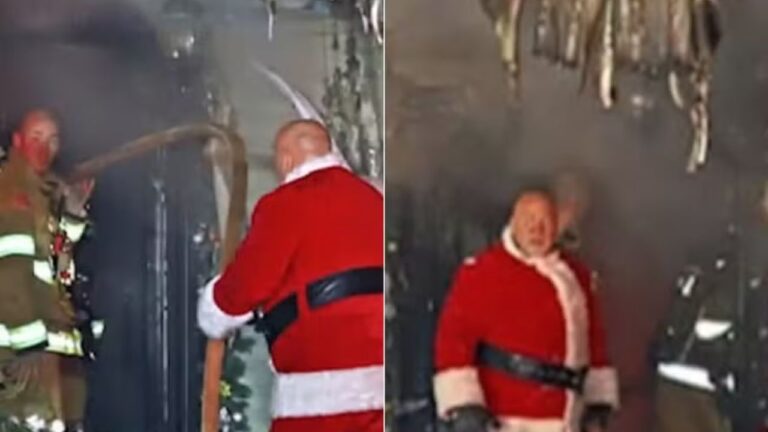 Bombeiro combate incêndio vestido de Papai Noel