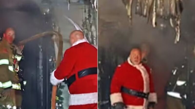 Bombeiro combate incêndio vestido de Papai Noel