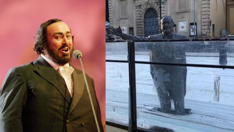Estátua de Pavarotti fica presa ao gelo em pista de patinação e viúva critica prefeitura: ‘absurdo’