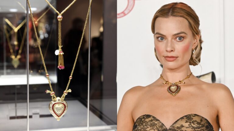 Margot Robbie usa icônico colar de Elizabeth Taylor em evento