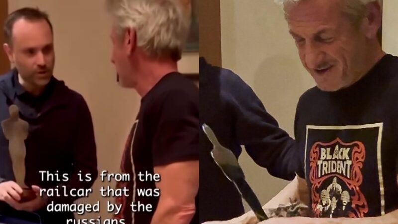 Sean Penn recebe ‘Oscar’ feito de trem destruído na Ucrânia