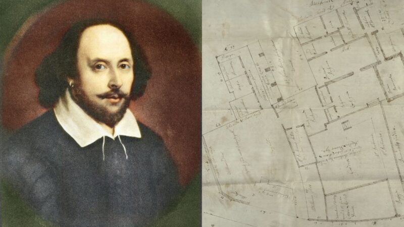 Mapa que localiza casa de Shakespeare e pintura do artista