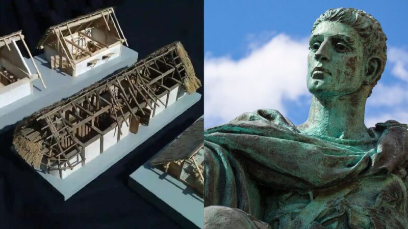 Assentamentos rurais do final do Império Romano e estátua de Constantino I, imperador que marca finalização da era