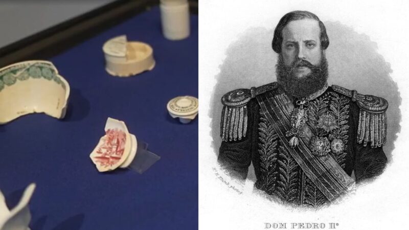 Fotografia do museu com vestígios arqueológicos do Brasil Imperial e ilustração de D. Pedro II