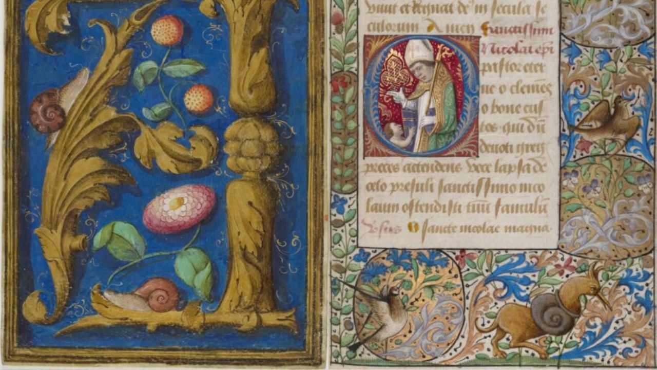 Inicial "O" com São Nicolau abençando uma criança e Caracóis, morangos e flores enfeitando a inicial "A" em livro medieval