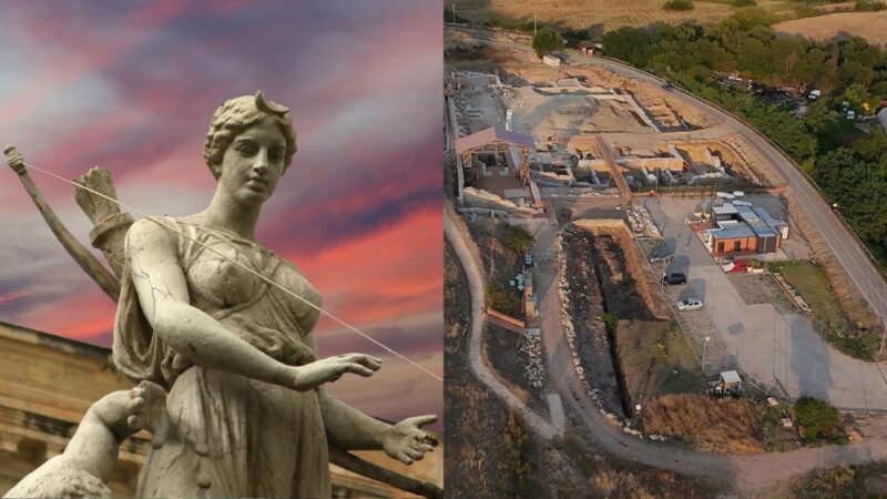 Estátua de Ártemis e foto do sítio arqueológico
