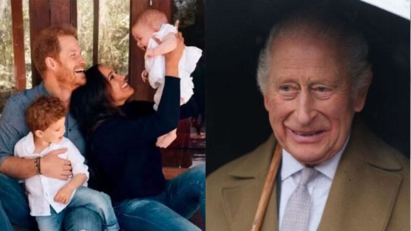 Fotografia de príncipe Harry e Meghan com os filhos e Rei Charles III sorrindo