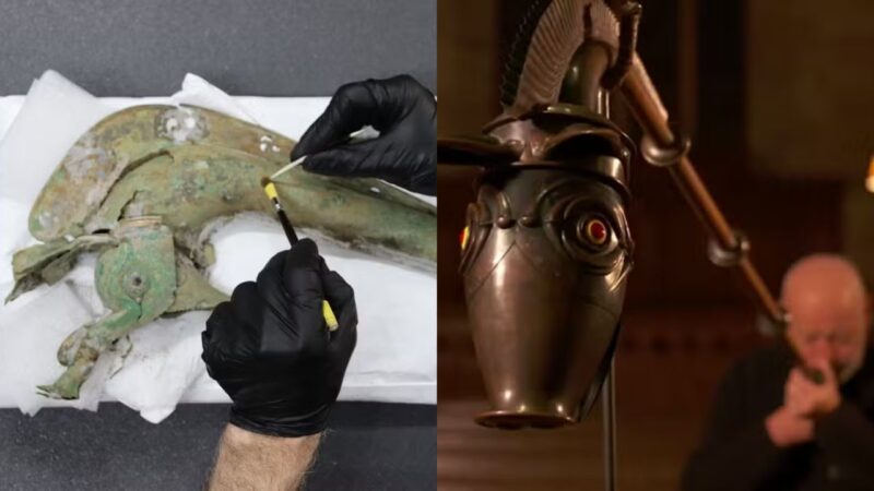 Imagem de item arqueológico de Carnyx, feito há 2.000 anos e artefato refeito e sendo tocado atualmente