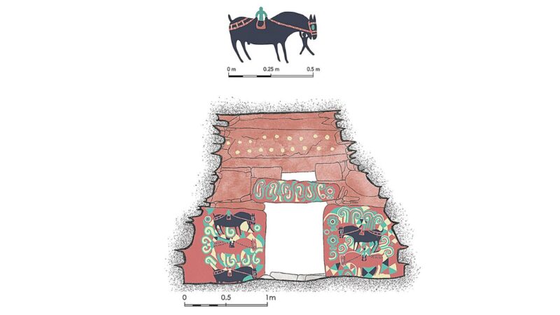 Desenho refeito de artes localizadas em túmulos enfeitados em Kyushu