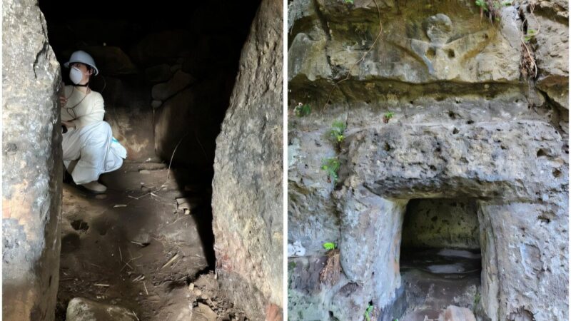 Imagens da arqueóloga Zancan explorando os túmulos decorados de Kyushu