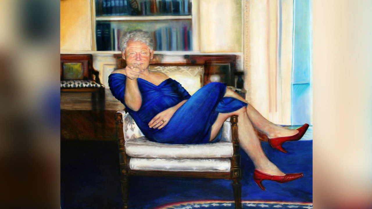 Quadro de Bill Clinton usando vestido azul e salto alto pode ter sido visto em mansão de Jeffrey Epstein